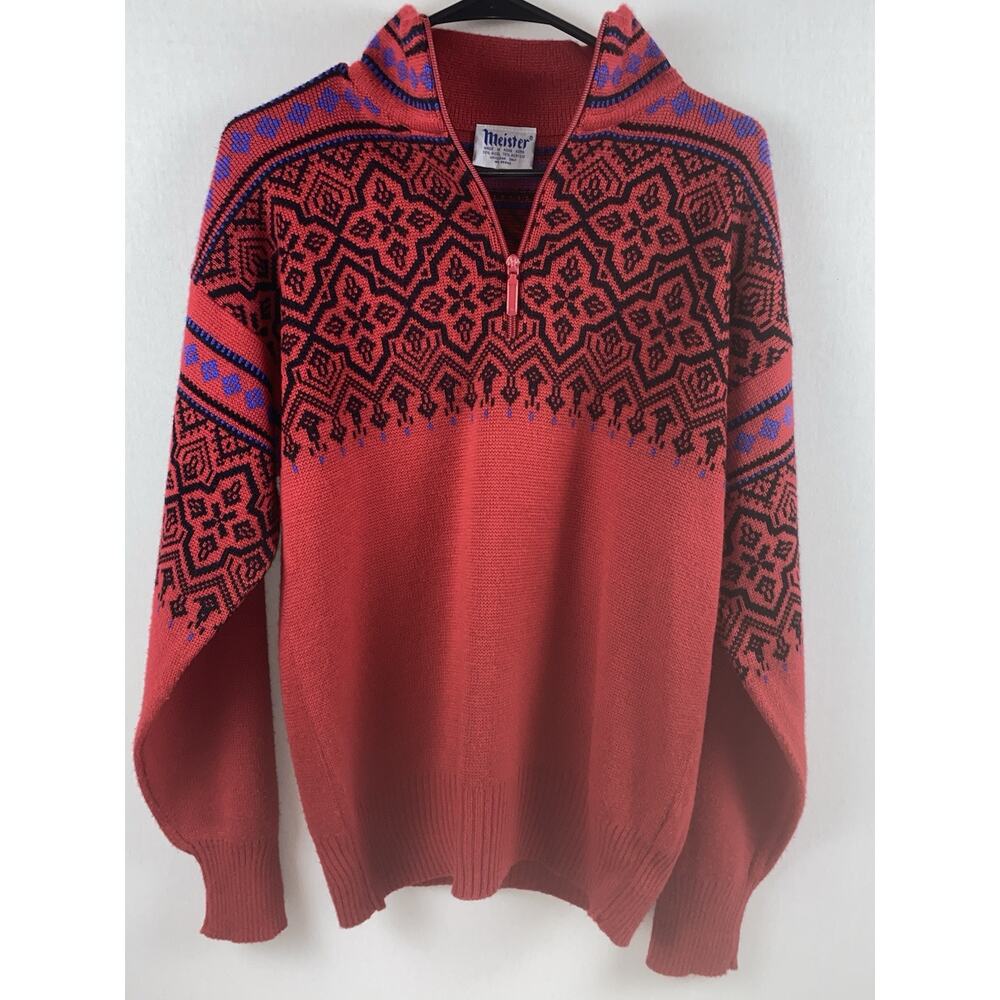 Meister Sweater Mens One Size Fits Most Red Fair Isle Wool Blend Vintage